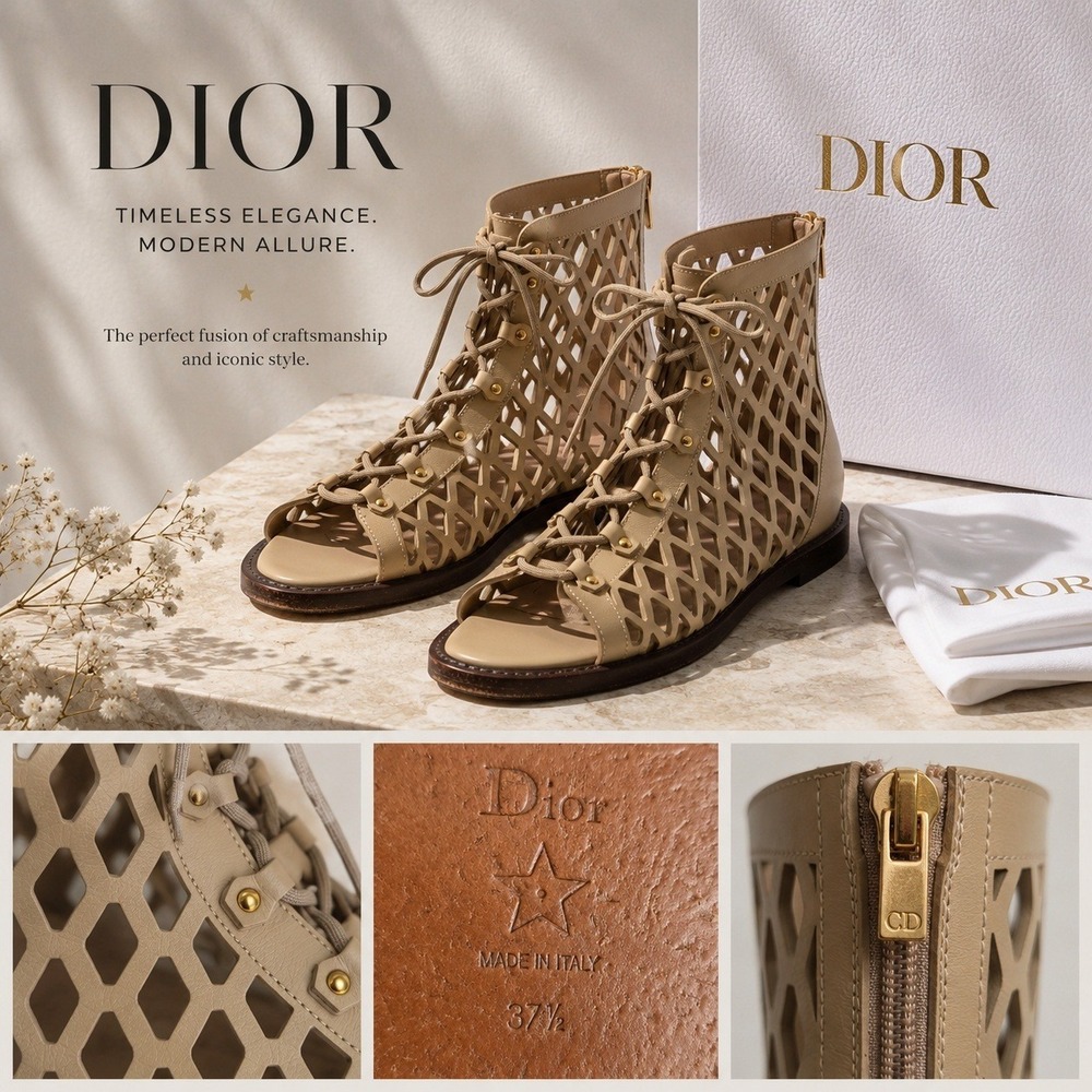 Christian Dior Beige Leather Laser Cut Gladiator Flat Sandals Lace Up Zip 37.5